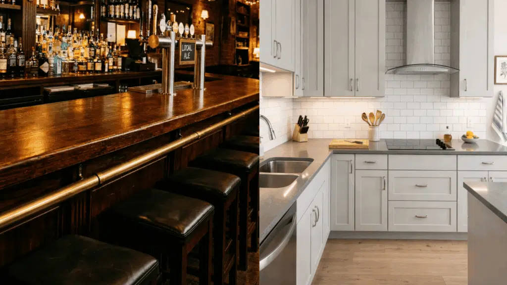 bar height counter next to kitchen counter height setup showing height difference.