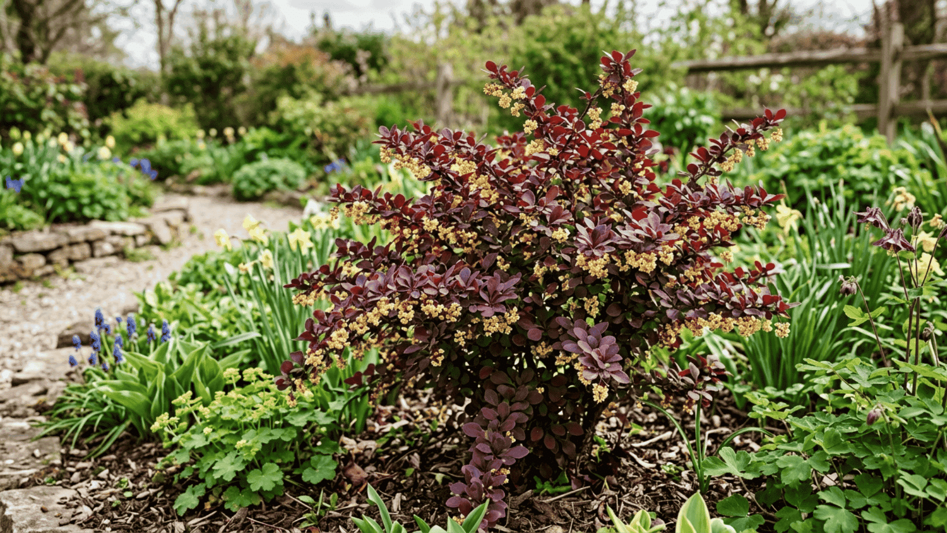barberry shrub with small yellow flowers and deep red and purple foliage photographed in a garden border in natural light