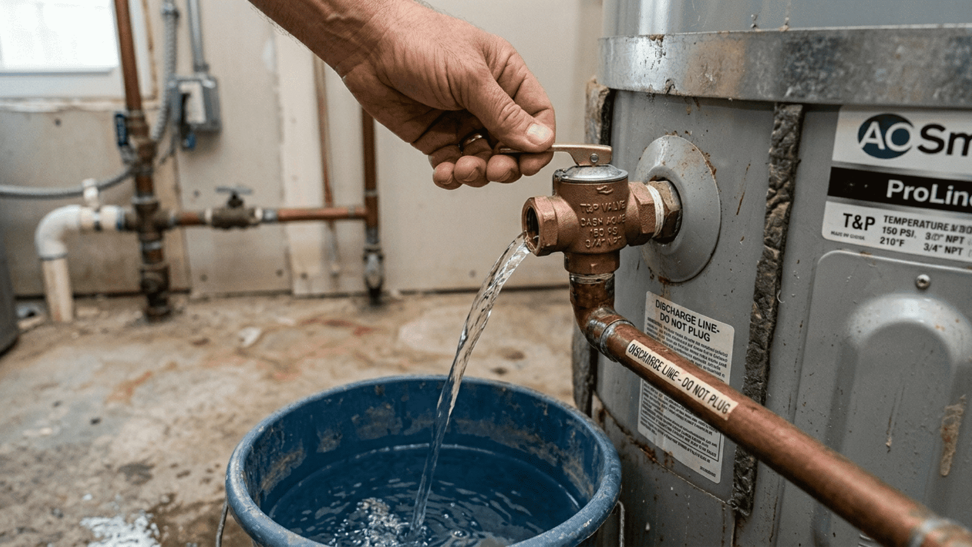 bare hand lifting the temperature and pressure relief valve lever on a water heater with water actively streaming into a bucket below