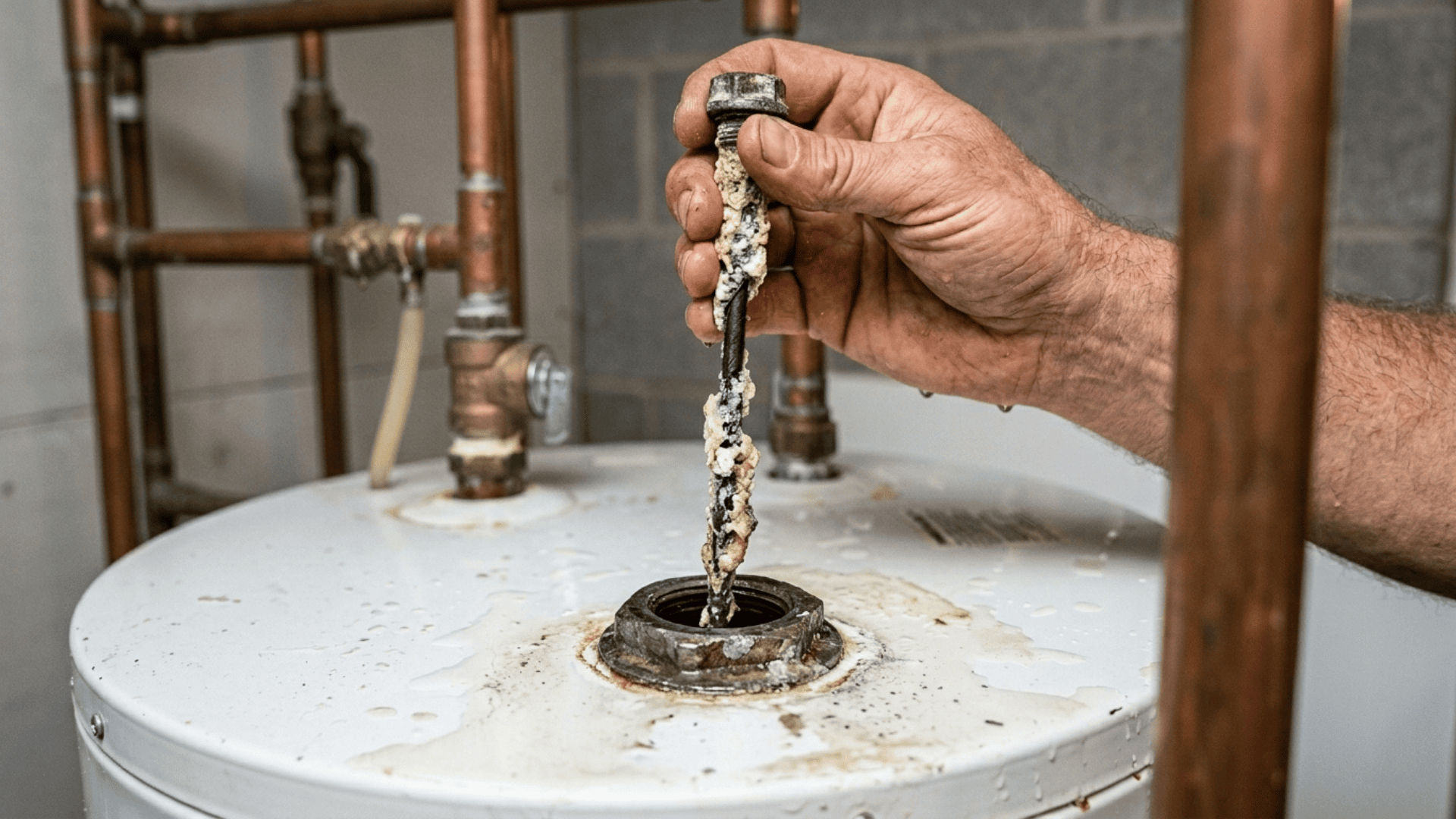 bare hand pulling a nearly fully consumed anode rod reduced to its steel core wire out of a water heater tank opening