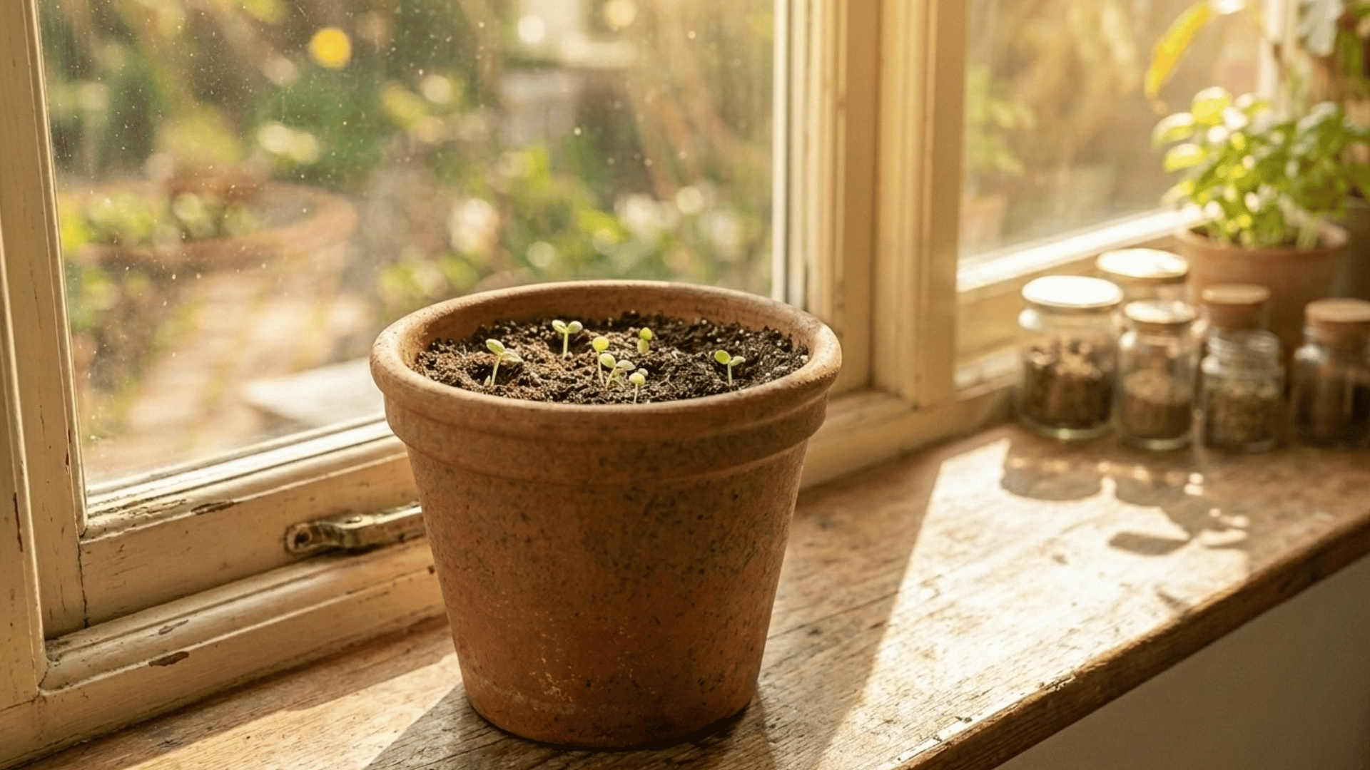 basil seedlings growing in a pot placed on a sunny windowsill.
