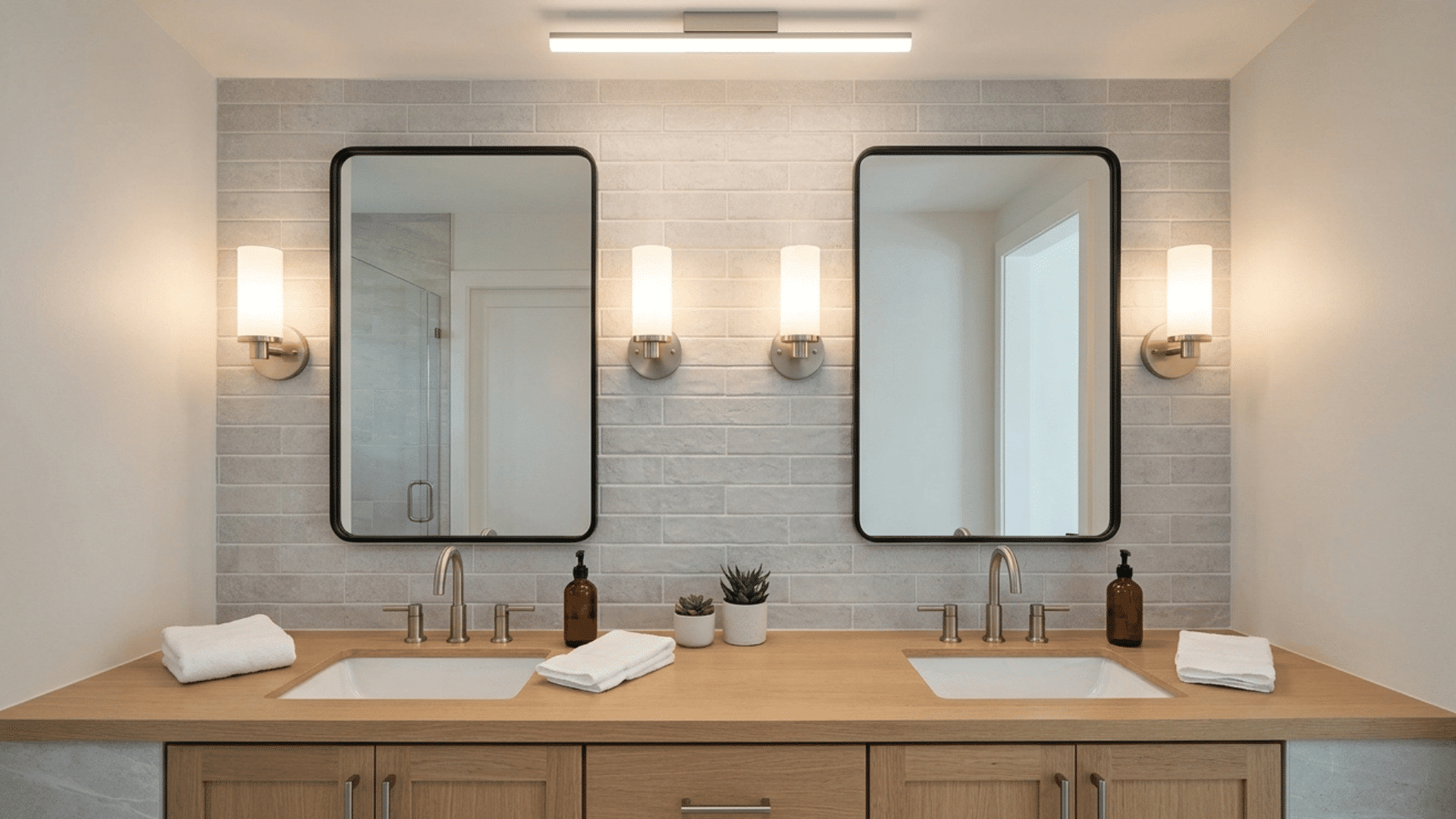 bathroom double vanity with balanced wall lighting and mirrors for even brightness.