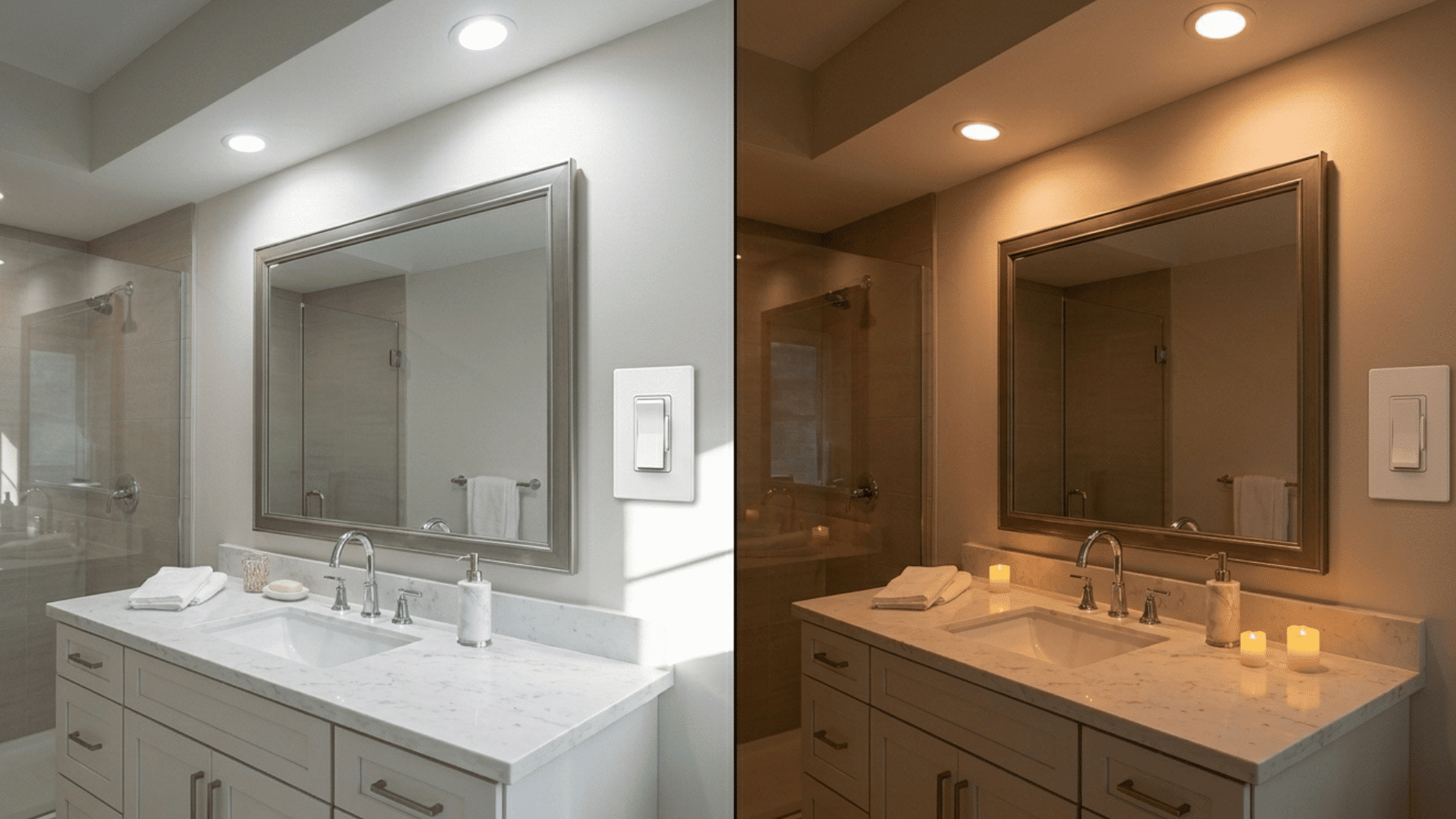 bathroom lighting with dimmer switch showing bright and soft lighting contrast