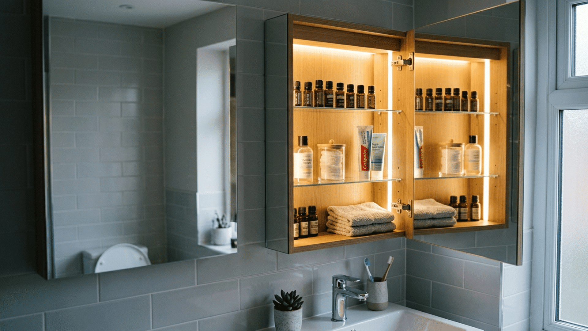 bathroom mirror cabinet with built-in lighting for organized storage.