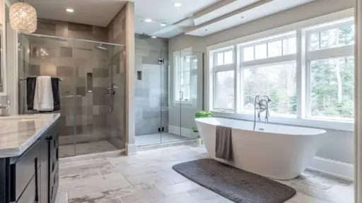 Luxurious bathroom with freestanding bathtub, large glass shower, and natural light from big windows