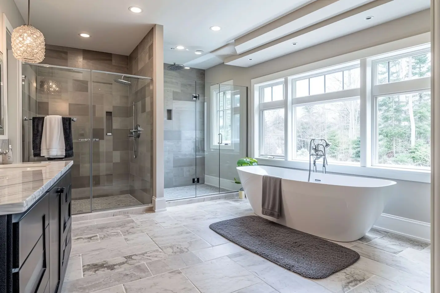 Luxurious bathroom with freestanding bathtub, large glass shower, and natural light from big windows
