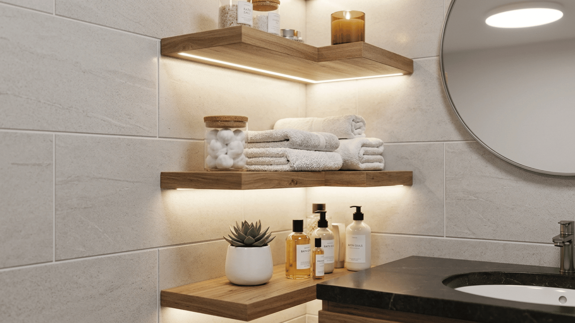 bathroom shelves with accent lighting highlighting decor and storage.