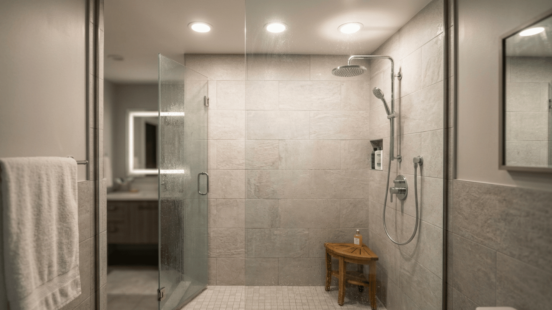bathroom shower with recessed ceiling lights for bright and even lighting.