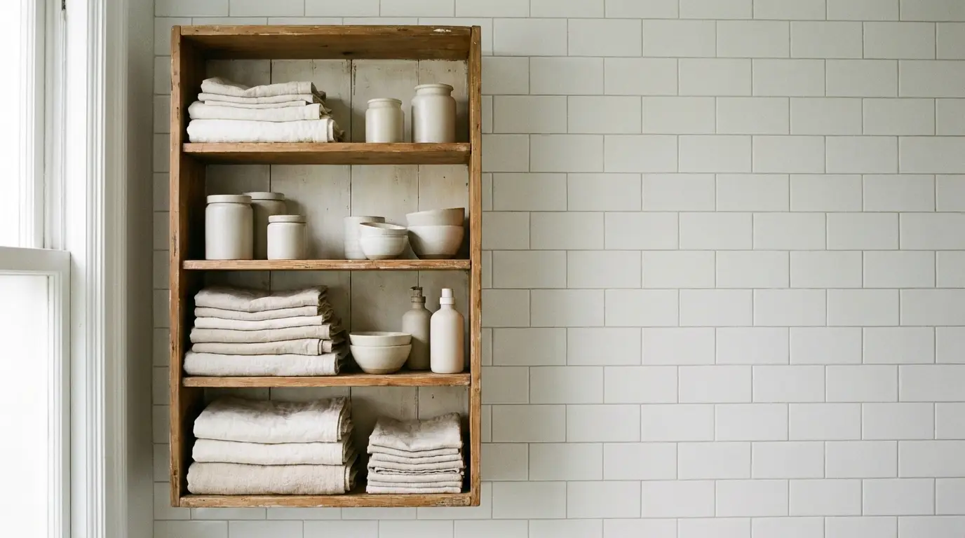 Wooden shelves with neatly folded towels and ceramic jars in a tiled bathroom setting