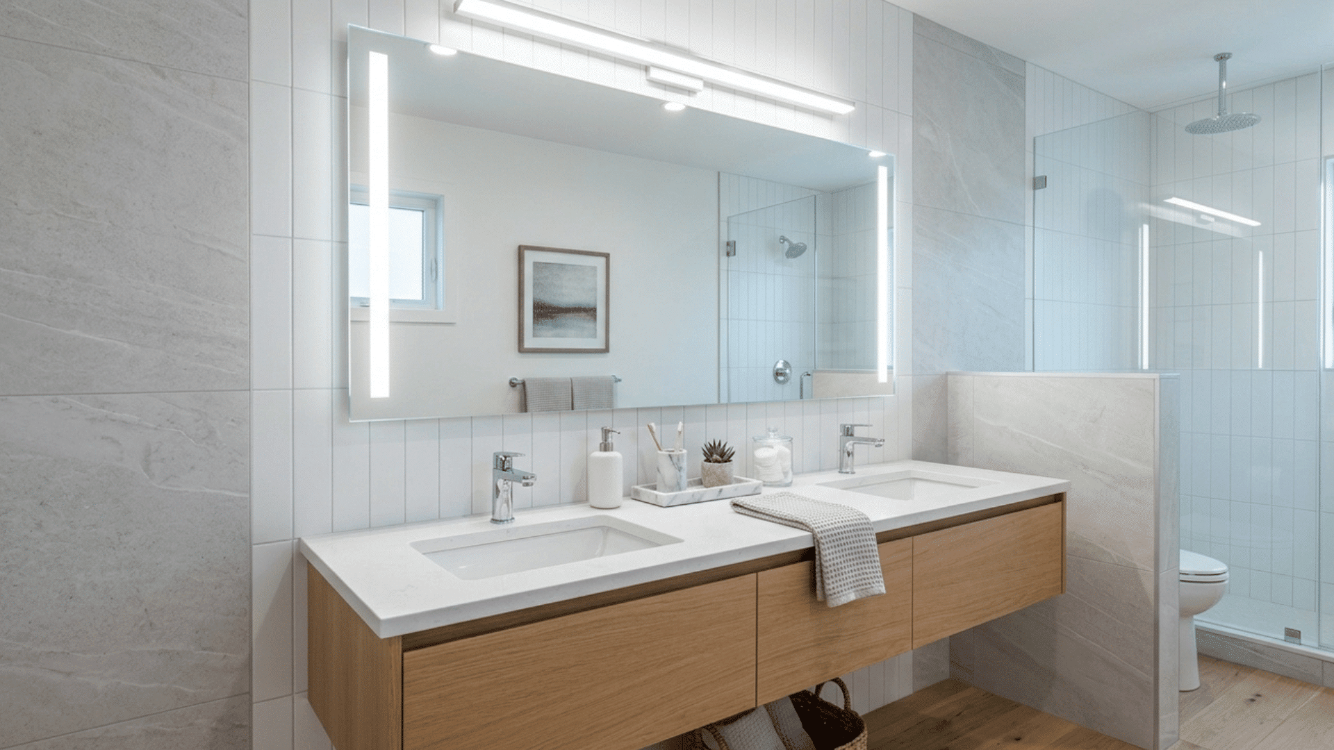 bathroom vanity with cool white lighting for clear and bright task visibility.