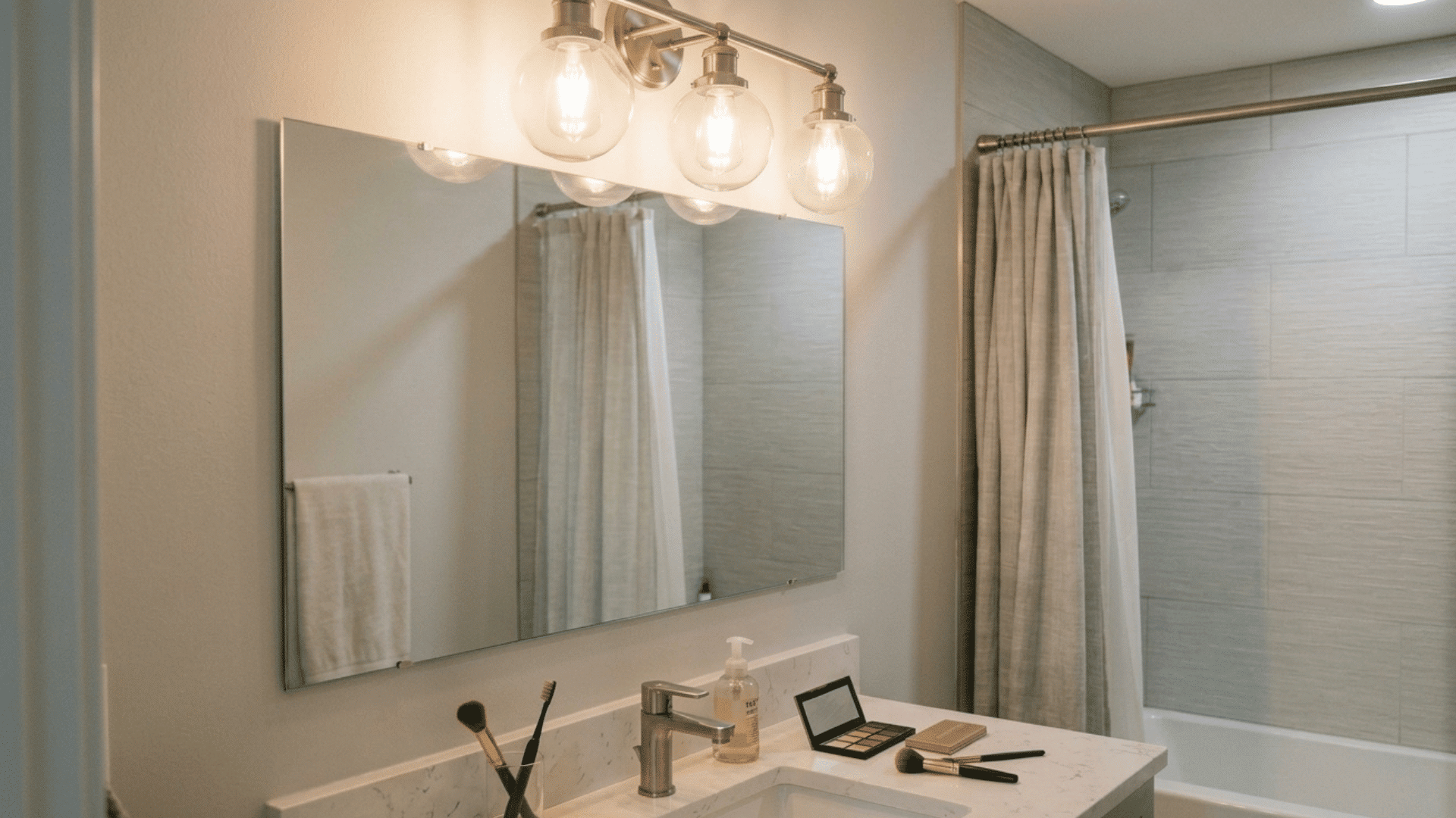 bathroom vanity with overhead lights and mirror for even face lighting.