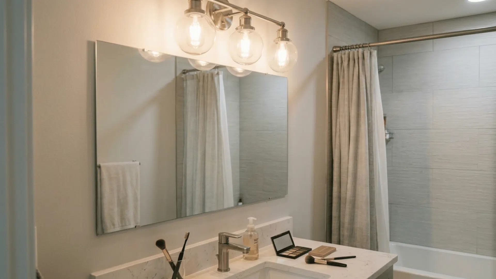 bathroom vanity with overhead lights and mirror for even face lighting.