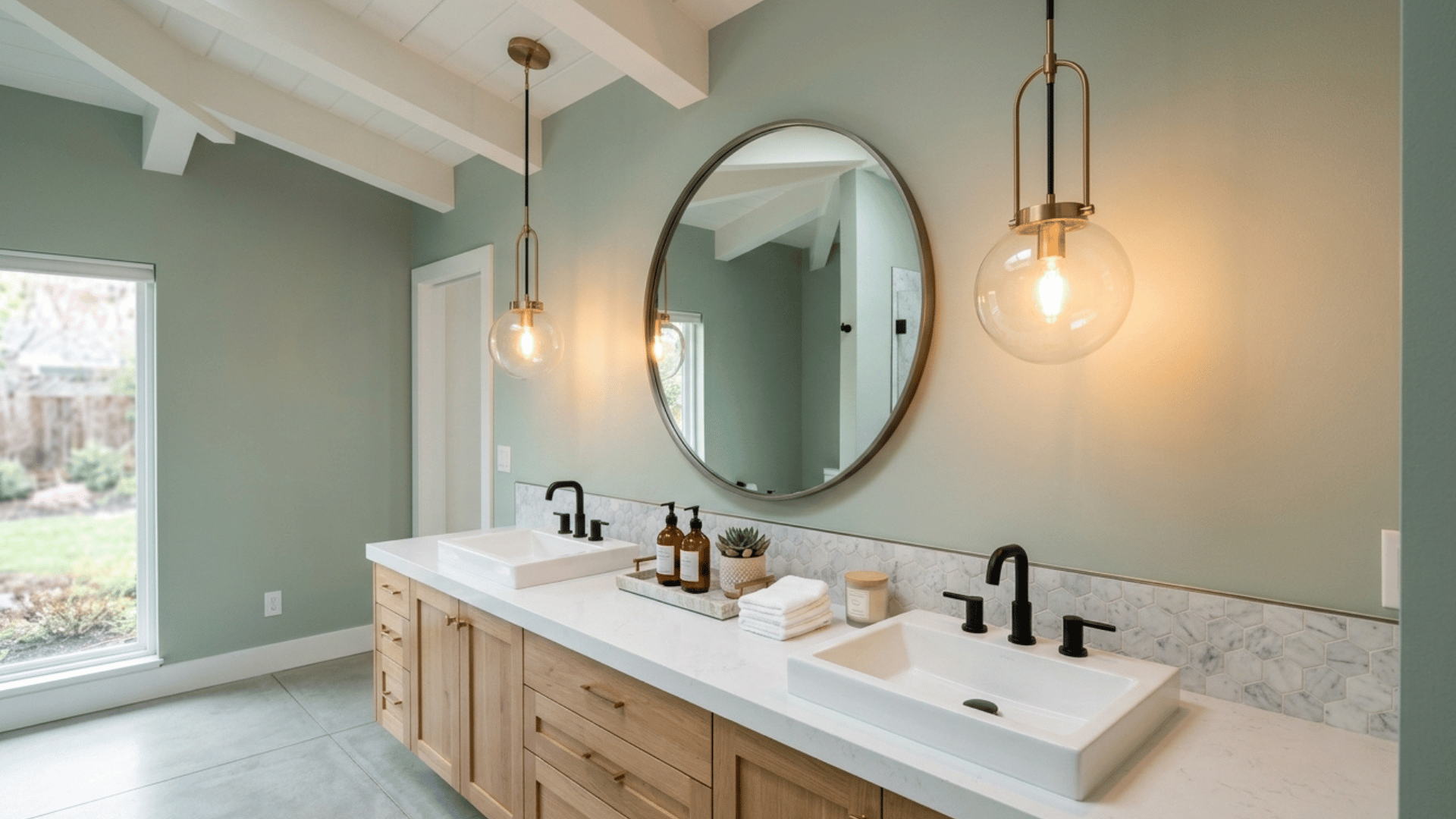 bathroom vanity with pendant lights adding style and focused lighting.