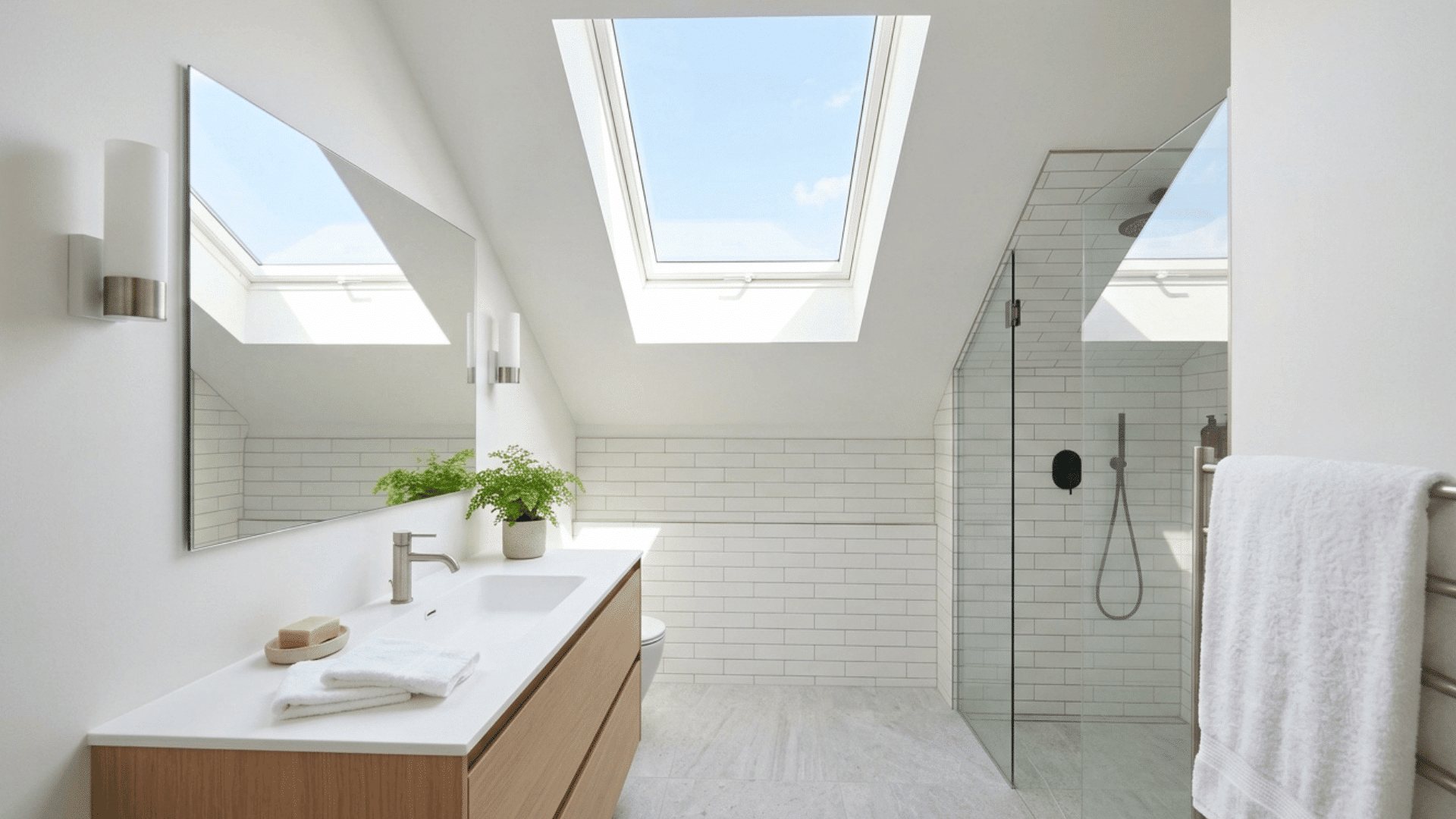 bathroom vanity with skylight bringing in natural daylight and bright space.