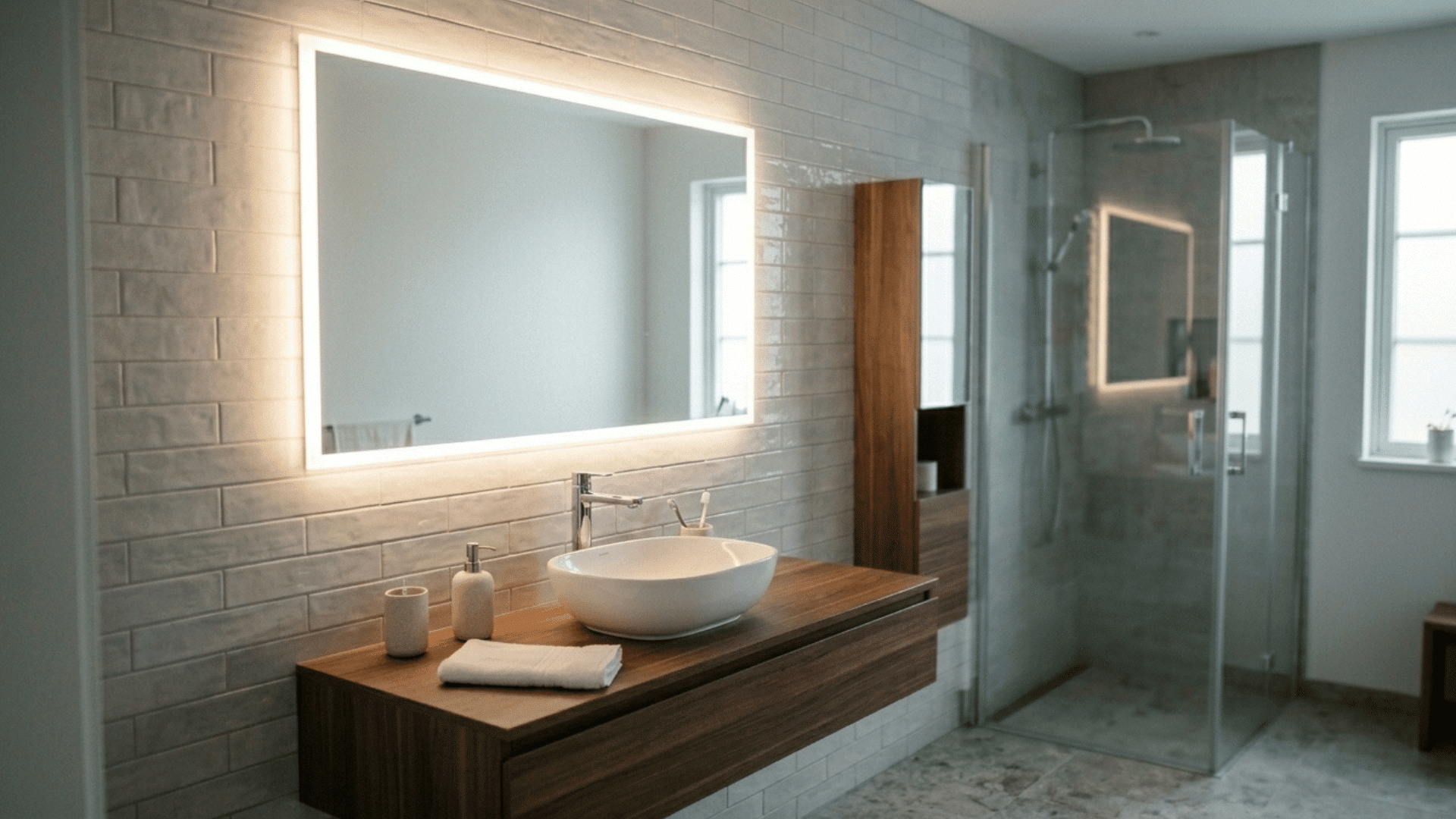 bathroom with backlit LED mirror creating soft modern lighting effect.