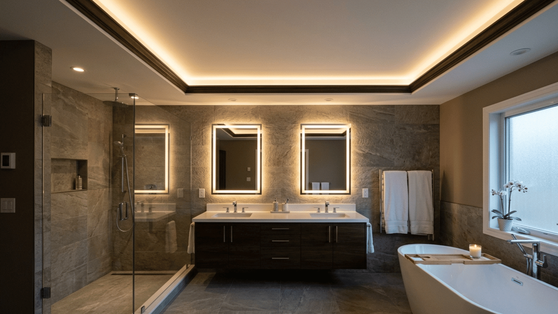 bathroom with ceiling cove lighting for soft and indirect glow.