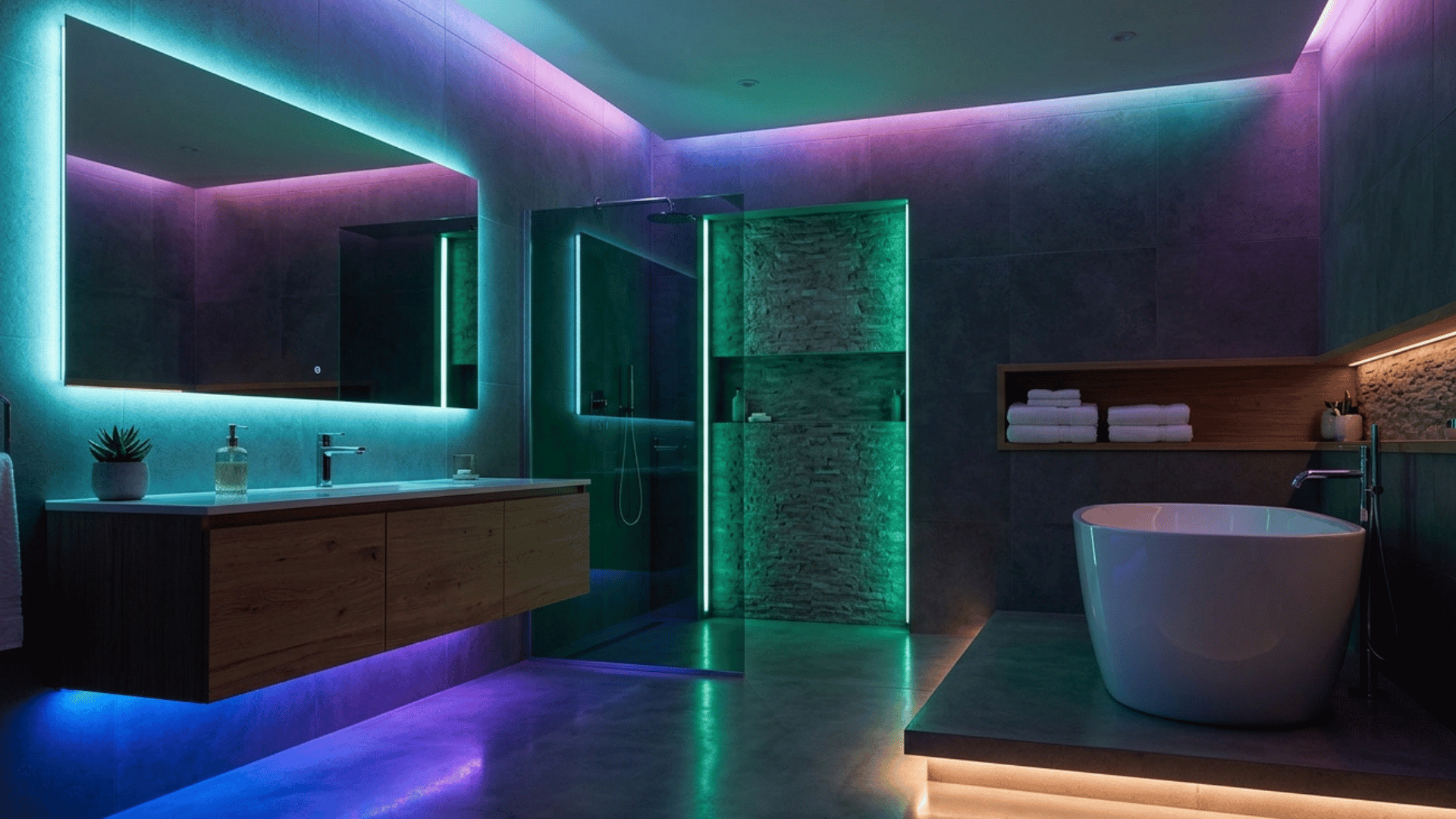 bathroom with colored LED lighting creating a relaxing mood.