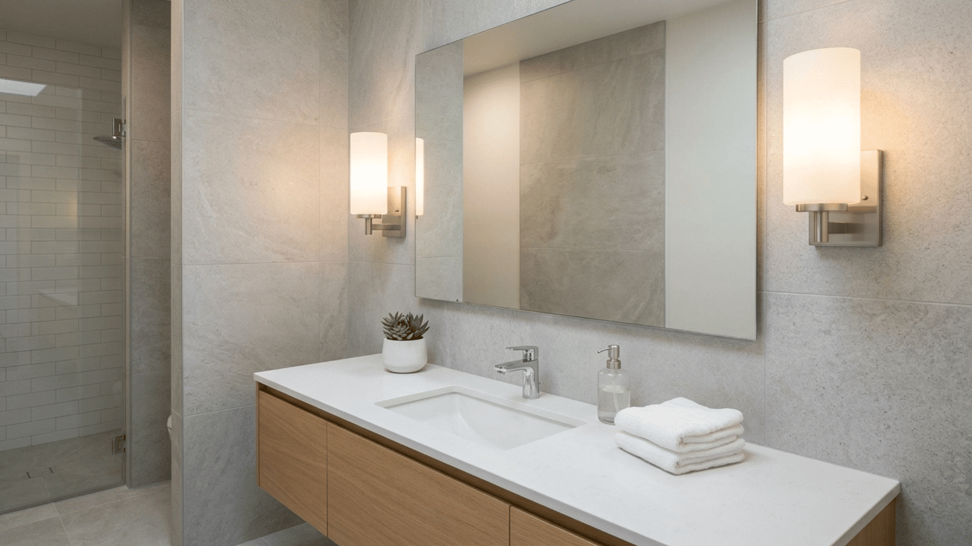 bathroom with frosted glass wall lights for soft and diffused lighting.