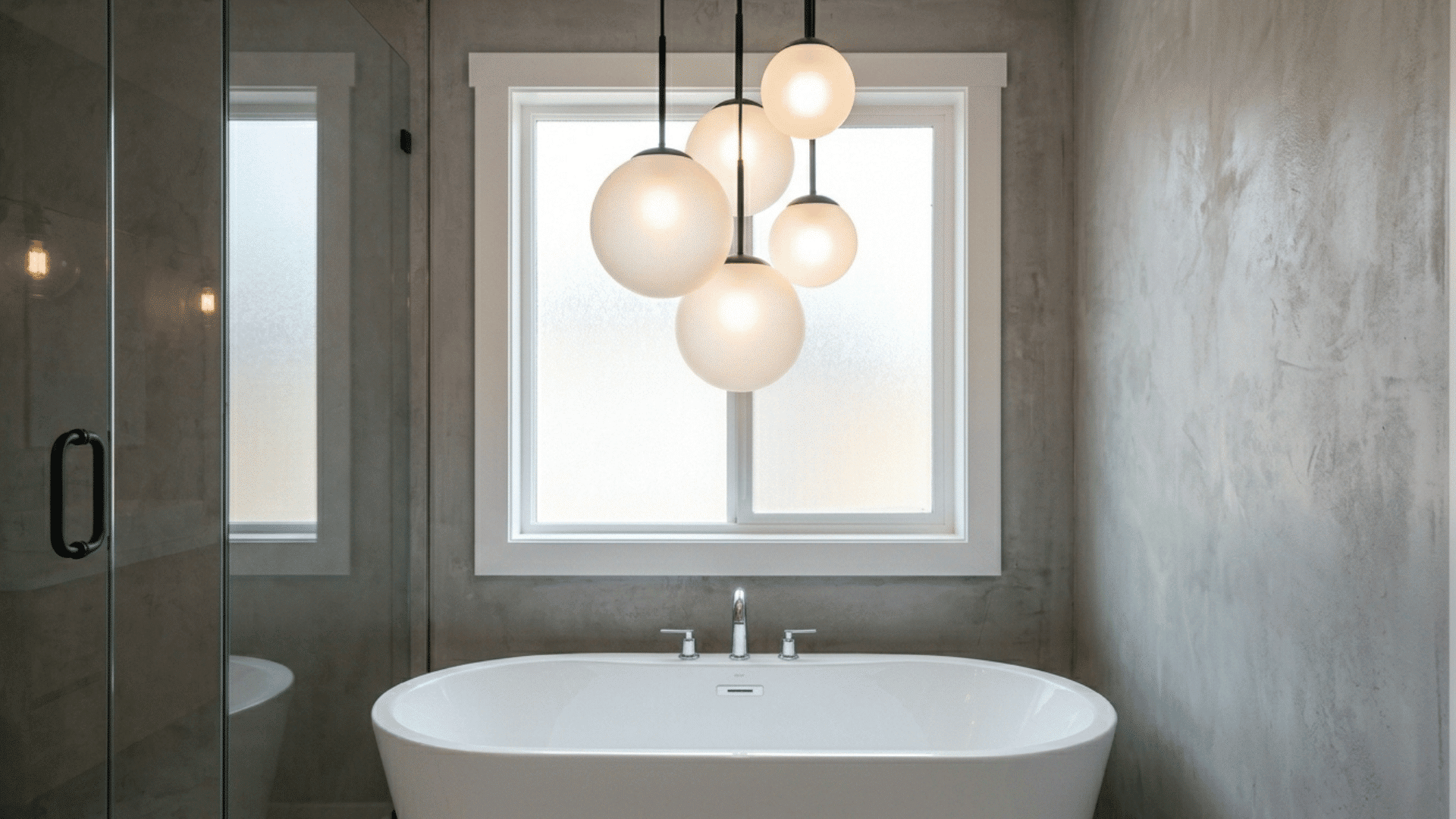 bathroom with glass globe pendant lights above freestanding bathtub.
