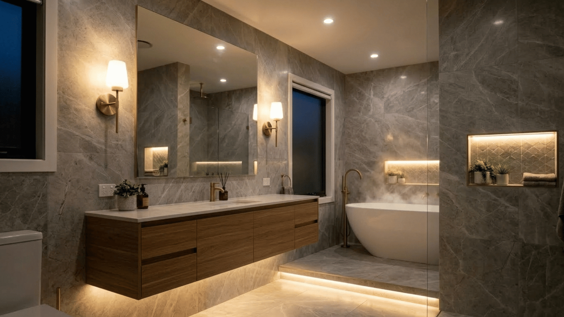 bathroom with layered lighting, floating vanity, and warm LED glow.