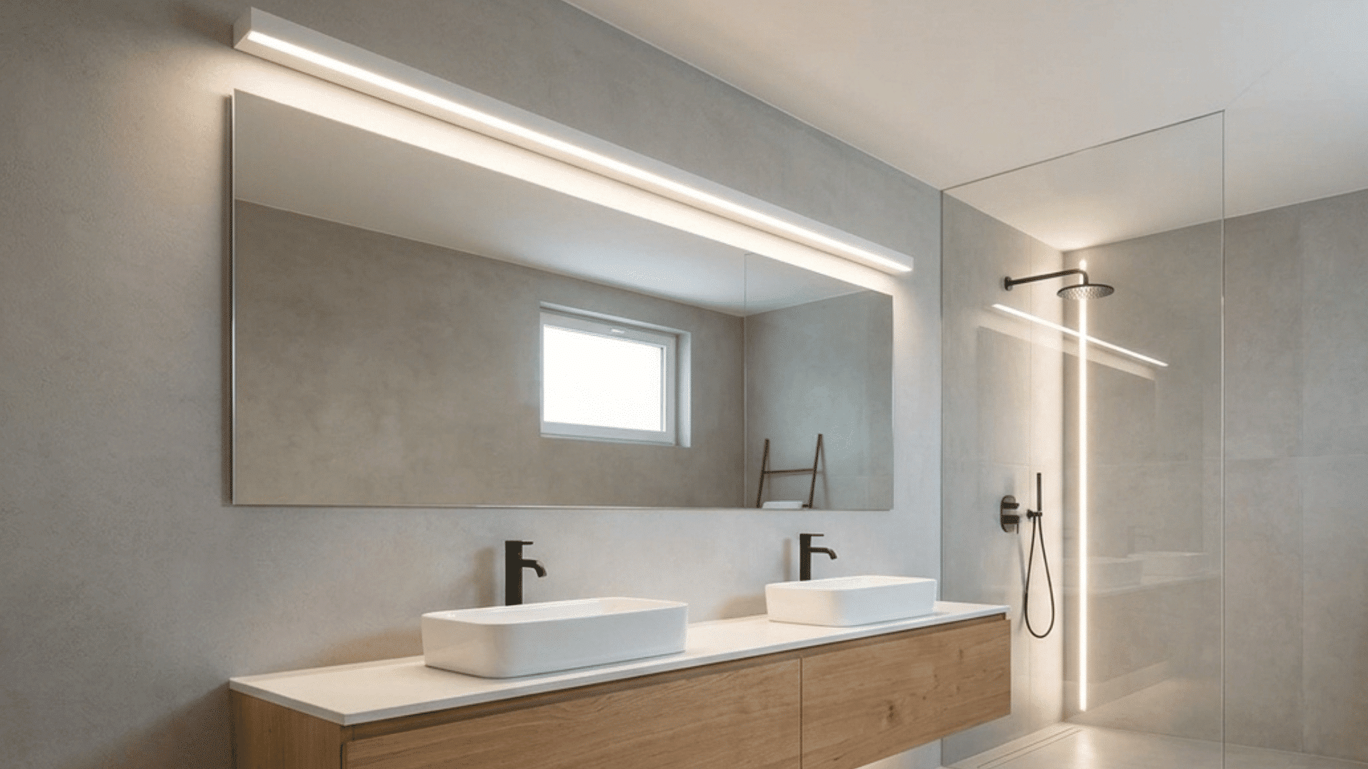 bathroom with minimalist linear lights for clean and modern illumination.