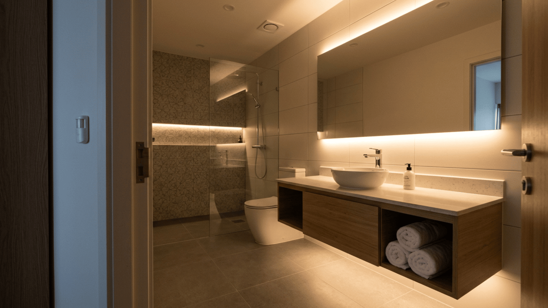 bathroom with motion sensor lighting for automatic night illumination.