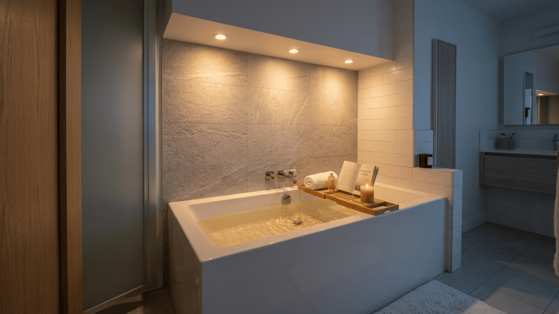 bathroom with soft lighting above bathtub for a relaxing atmosphere.