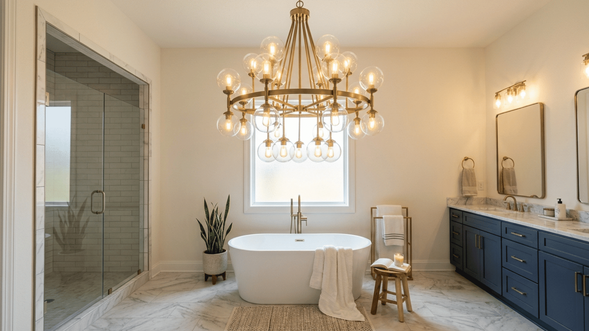 bathroom with statement chandelier adding style above freestanding bathtub.