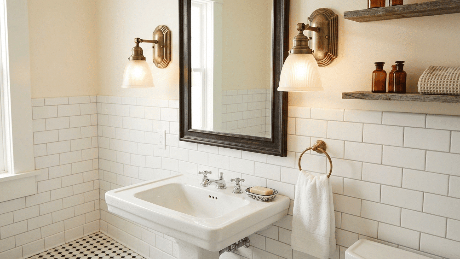 bathroom with vintage wall lights and classic sink design.