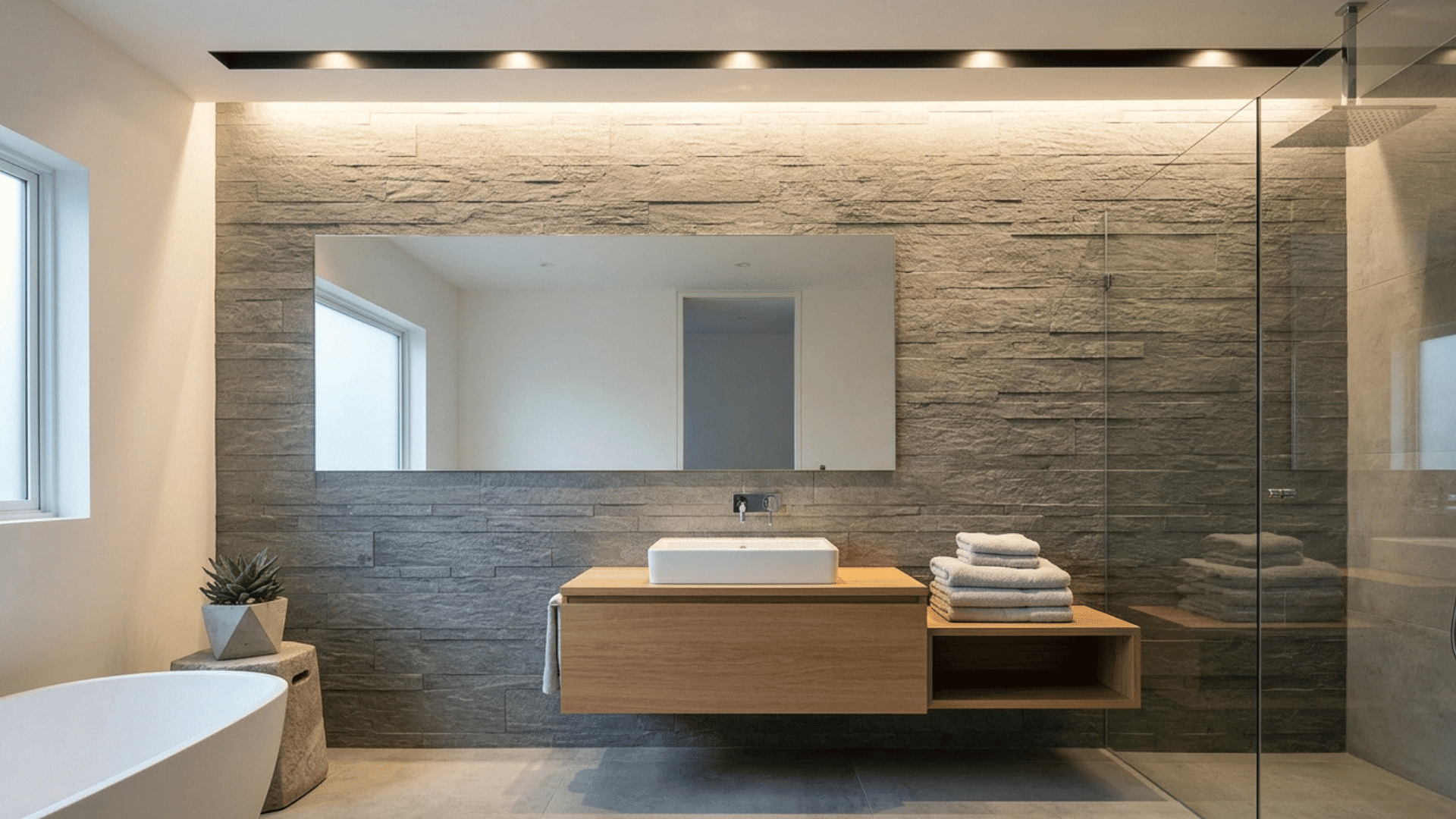 bathroom with wall washer lighting highlighting textured stone wall.