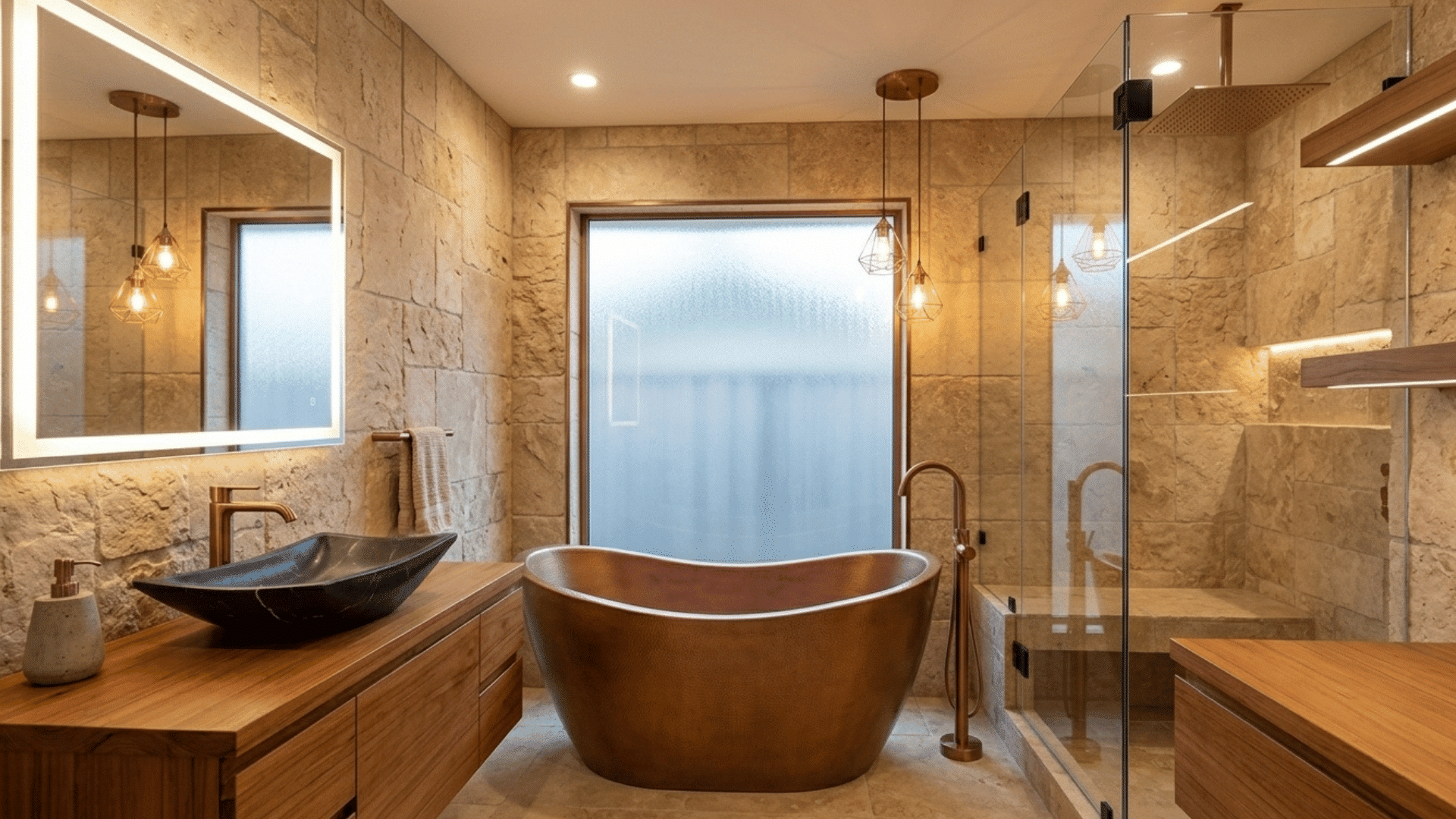 bathroom with warm white lighting creating a cozy and relaxing atmosphere.