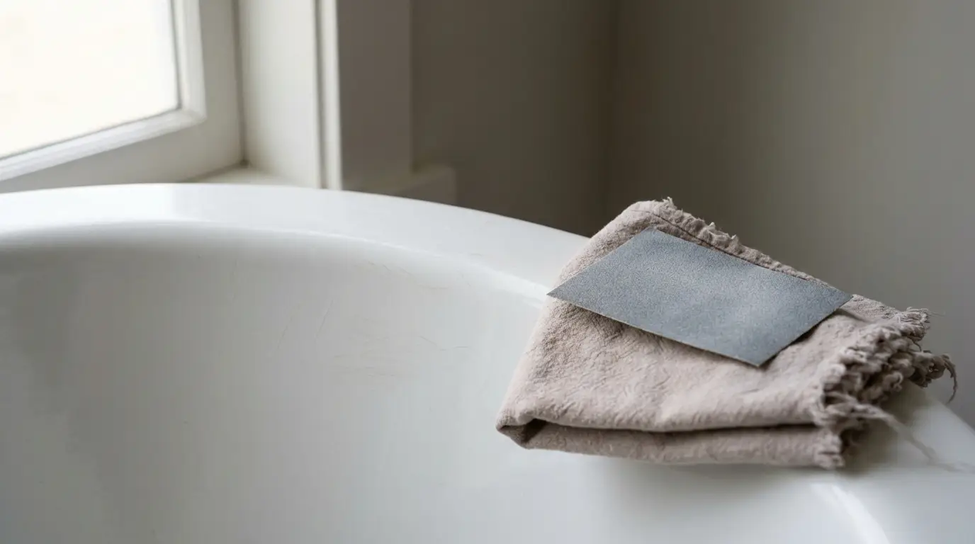 Gray cleaning cloth and sponge on white bathtub edge with soft natural light