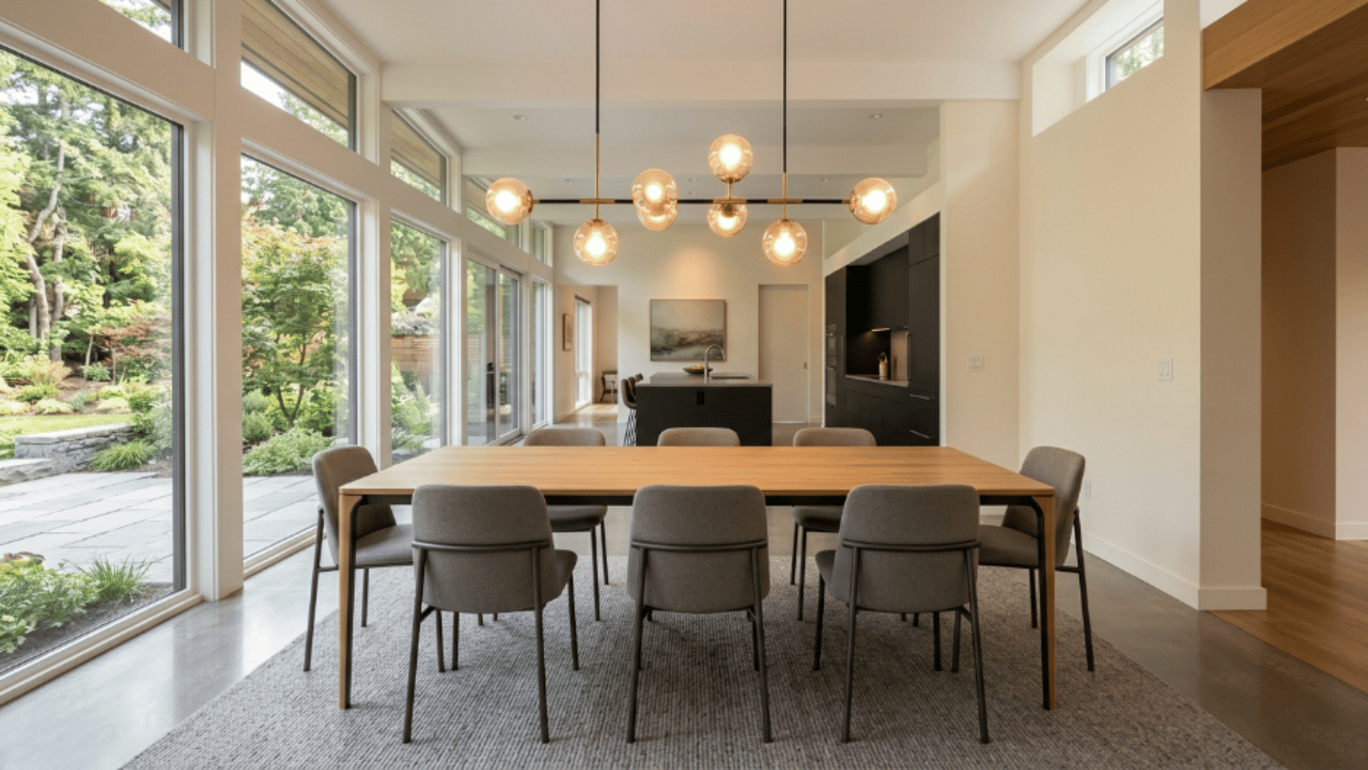 beautiful dining room with stylish lighting fixture above empty table warm soft lighting modern clean interior