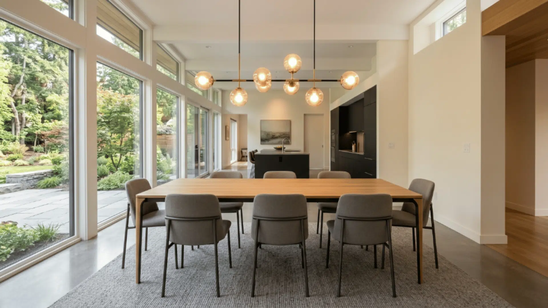beautiful dining room with stylish lighting fixture above empty table warm soft lighting modern clean interior