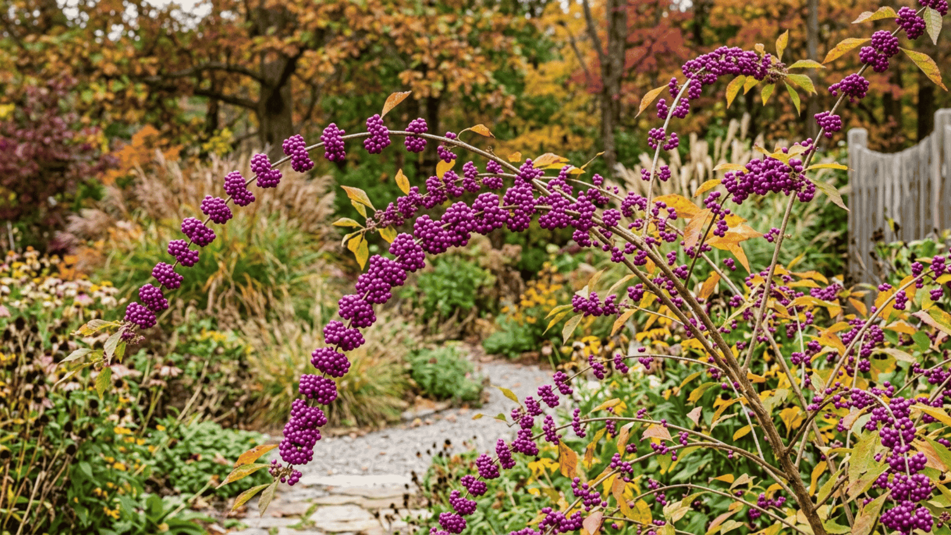 beautyberry shrub with vivid purple berry clusters lining arching branches photographed in a natural garden setting in fall