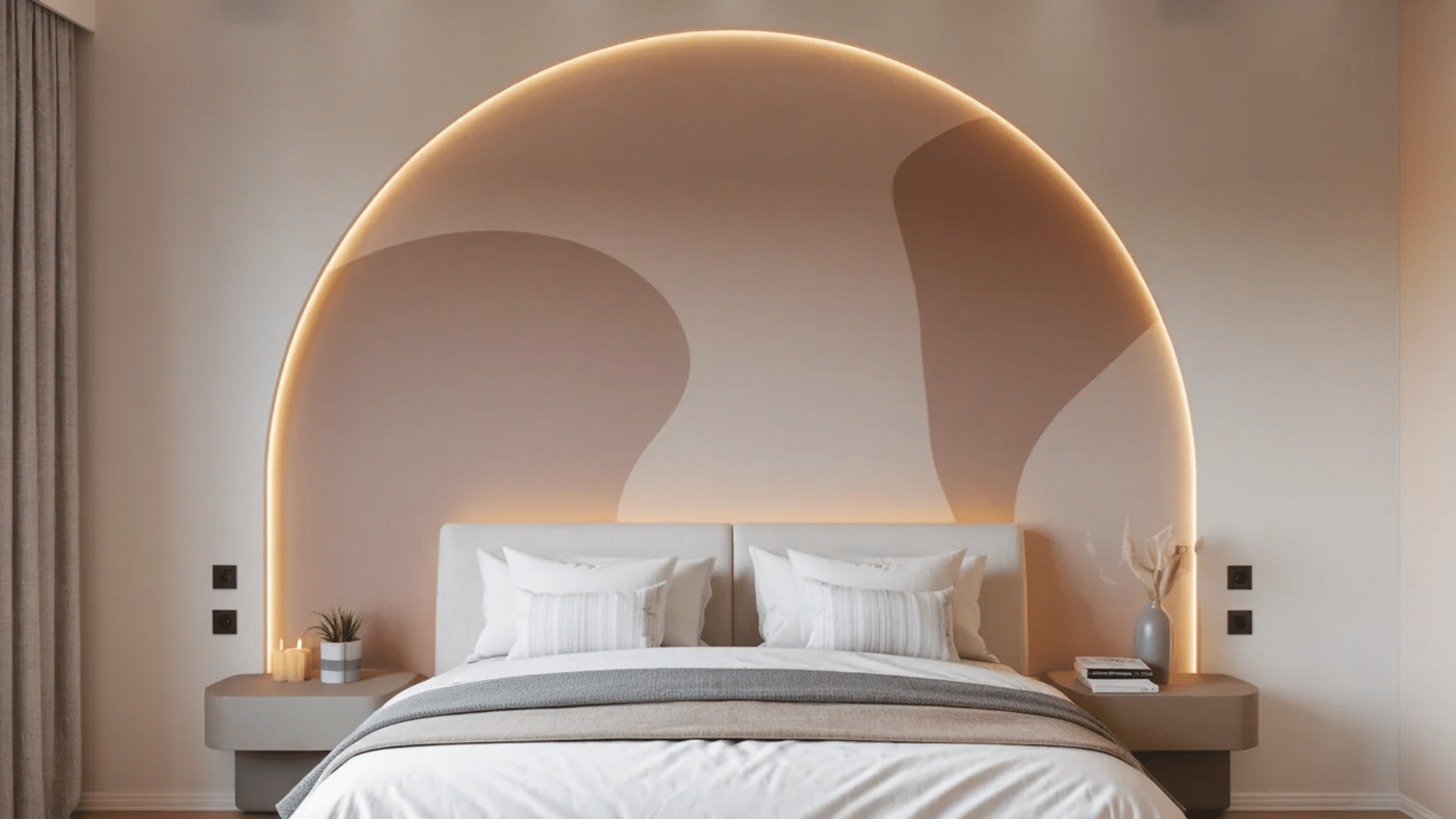 bed with white bedding centered under a large arched wall feature with soft lighting and abstract shapes creating a calm modern bedroom setting
