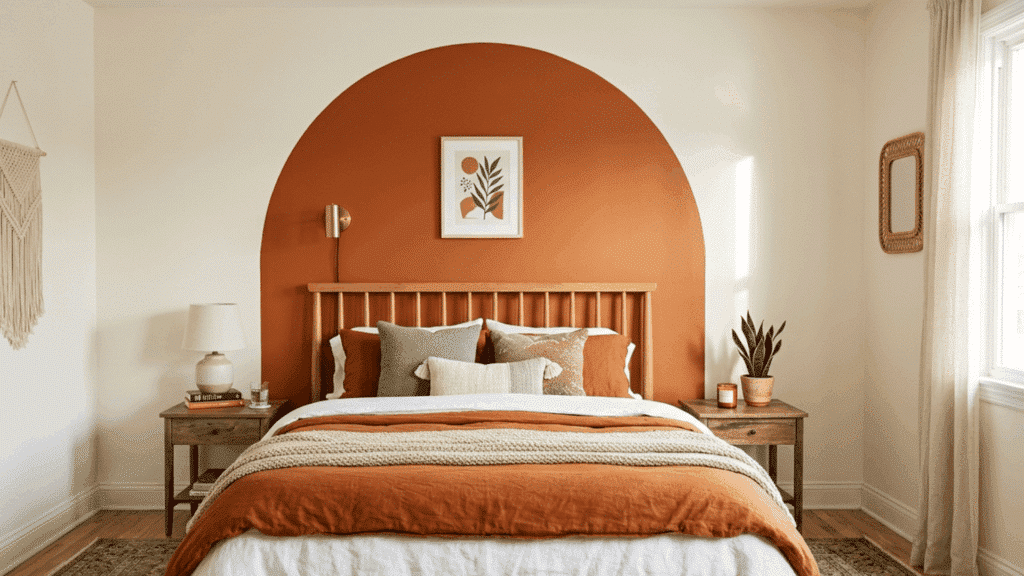 bedroom wall with a large painted arch in a contrasting color framing the bed as a decorative focal point