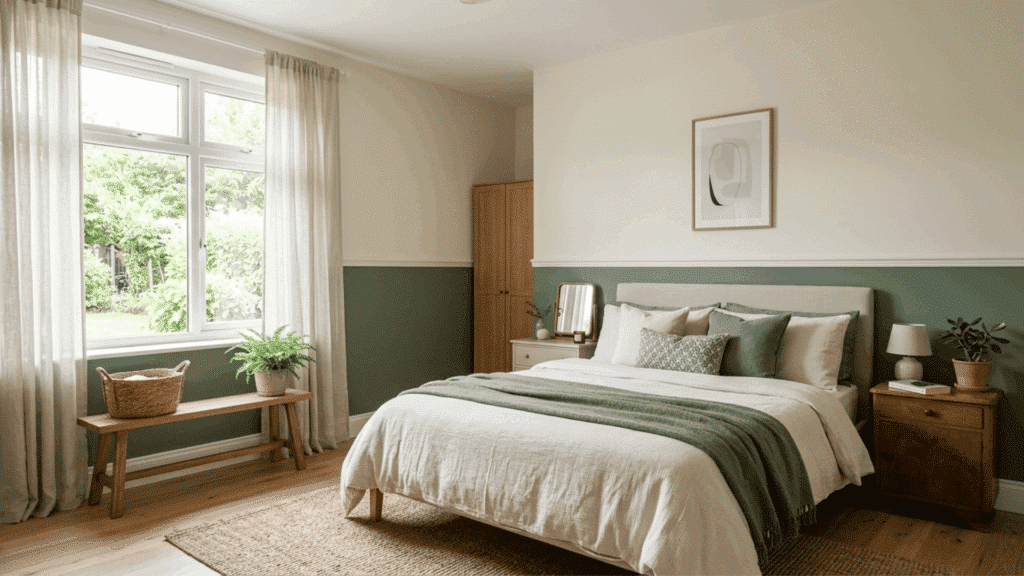 bedroom with a solid colored lower wall and plain neutral upper wall creating a simple and flexible two-tone look