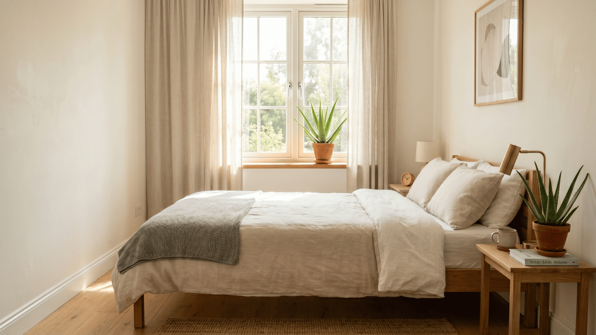 bedroom with bed and two aloe vera plants on windowsill and side table in sunlight