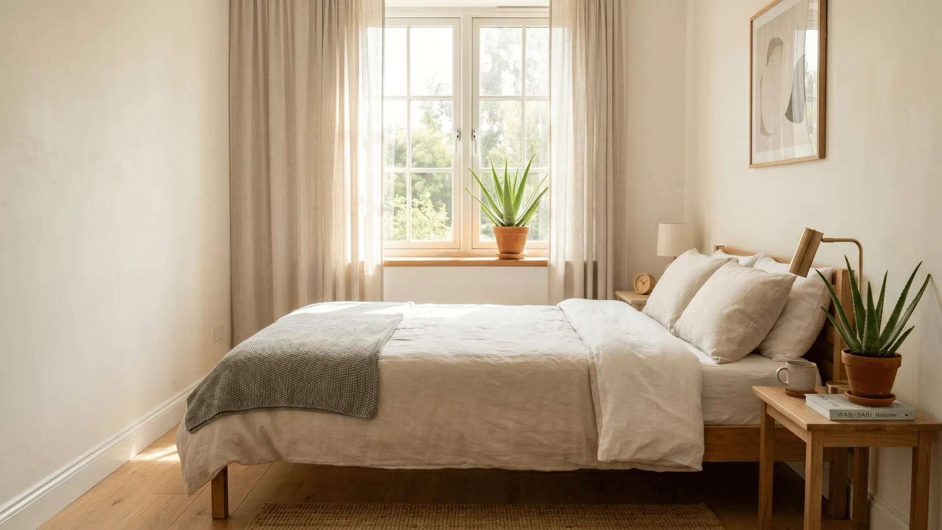 bedroom with bed and two aloe vera plants on windowsill and side table in sunlight