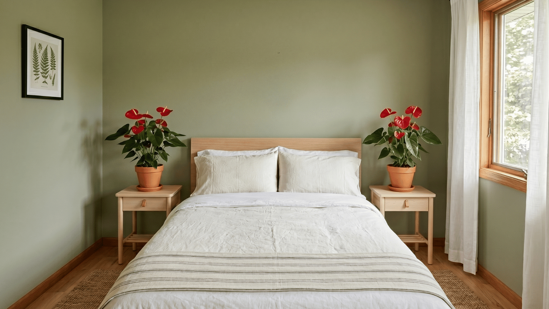 bedroom with bed and two anthurium plants on side tables with red flowers visible