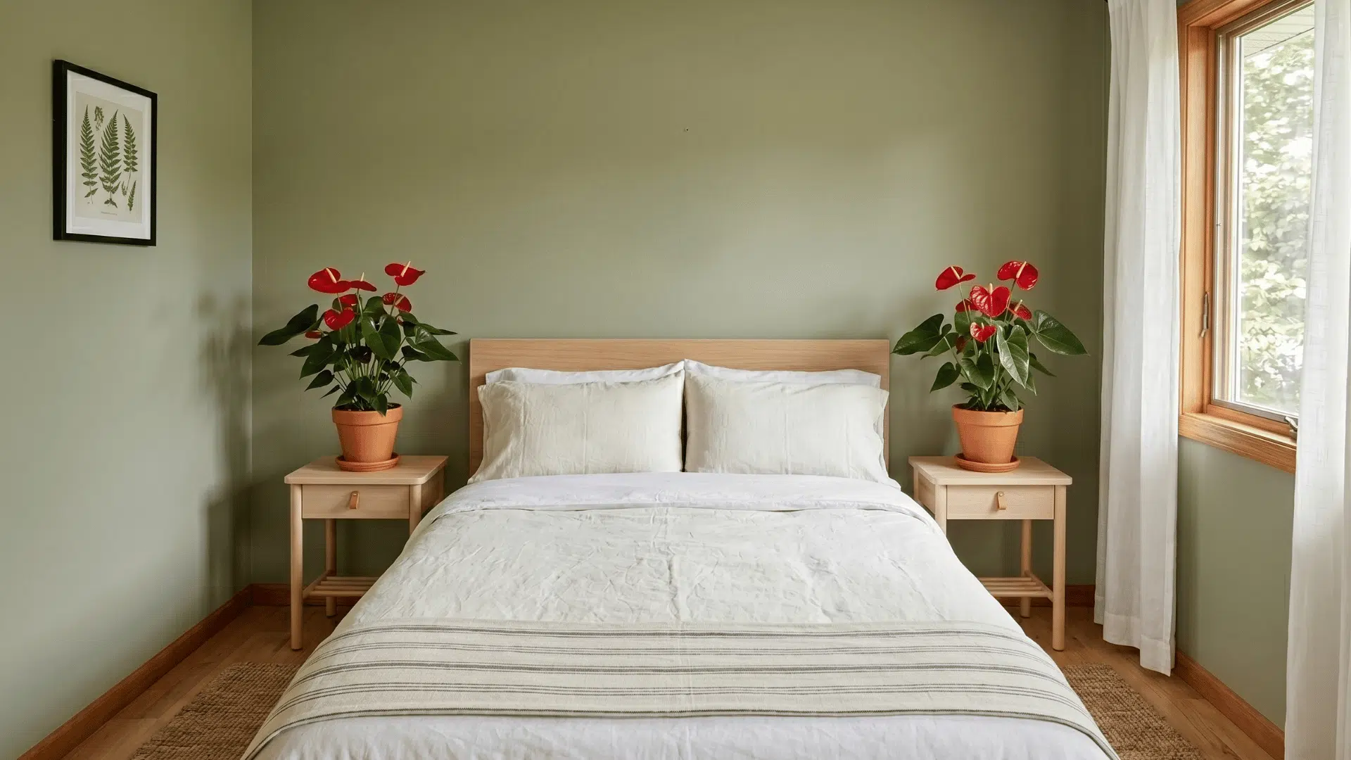 bedroom with bed and two anthurium plants on side tables with red flowers visible