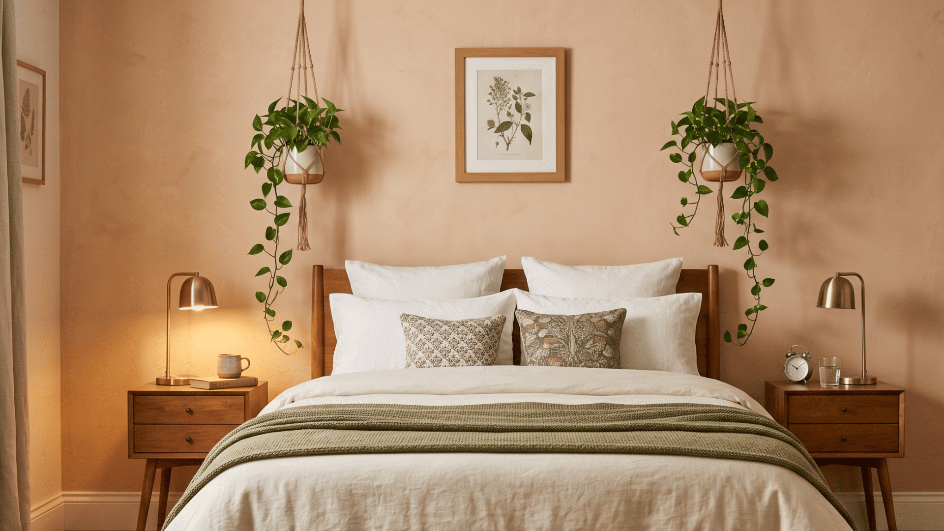 bedroom with bed and two hanging pothos plants with short trailing vines