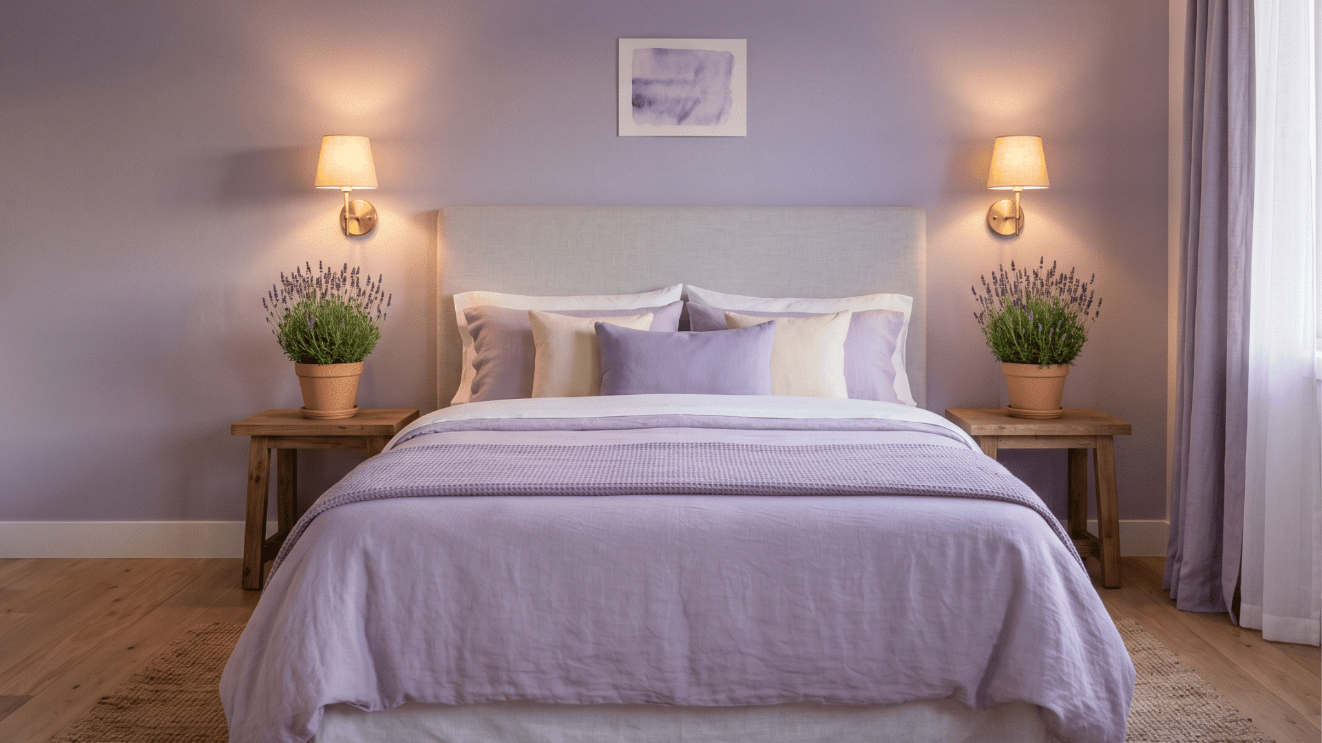 bedroom with bed and two lavender plants on bedside tables in soft evening light