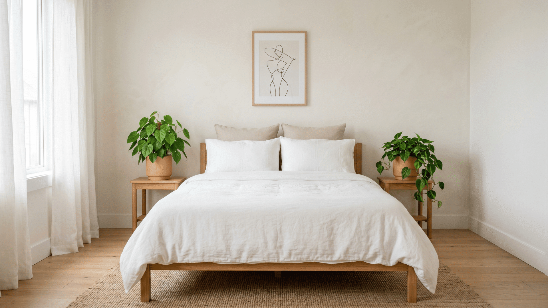 bedroom with bed and two philodendron plants near sides with soft natural light clean layout