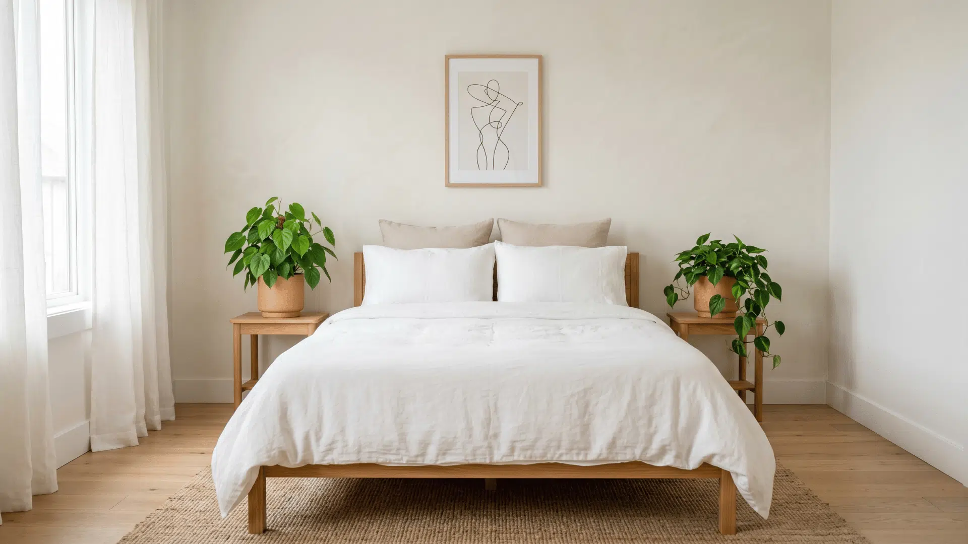 bedroom with bed and two philodendron plants near sides with soft natural light clean layout