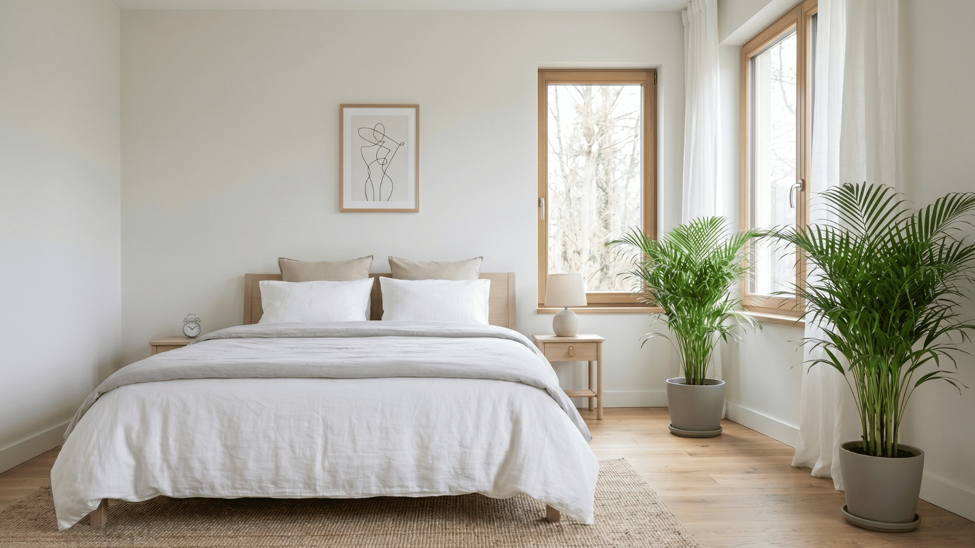 bedroom with bed and two small areca palm plants near window and corner