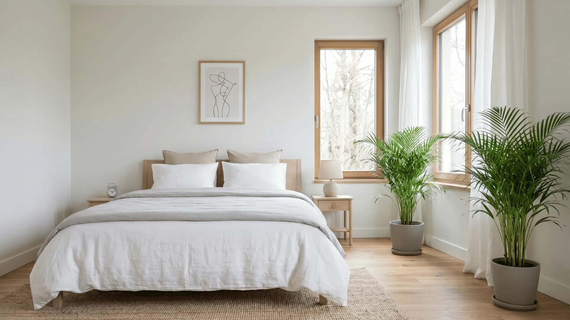 bedroom with bed and two small areca palm plants near window and corner