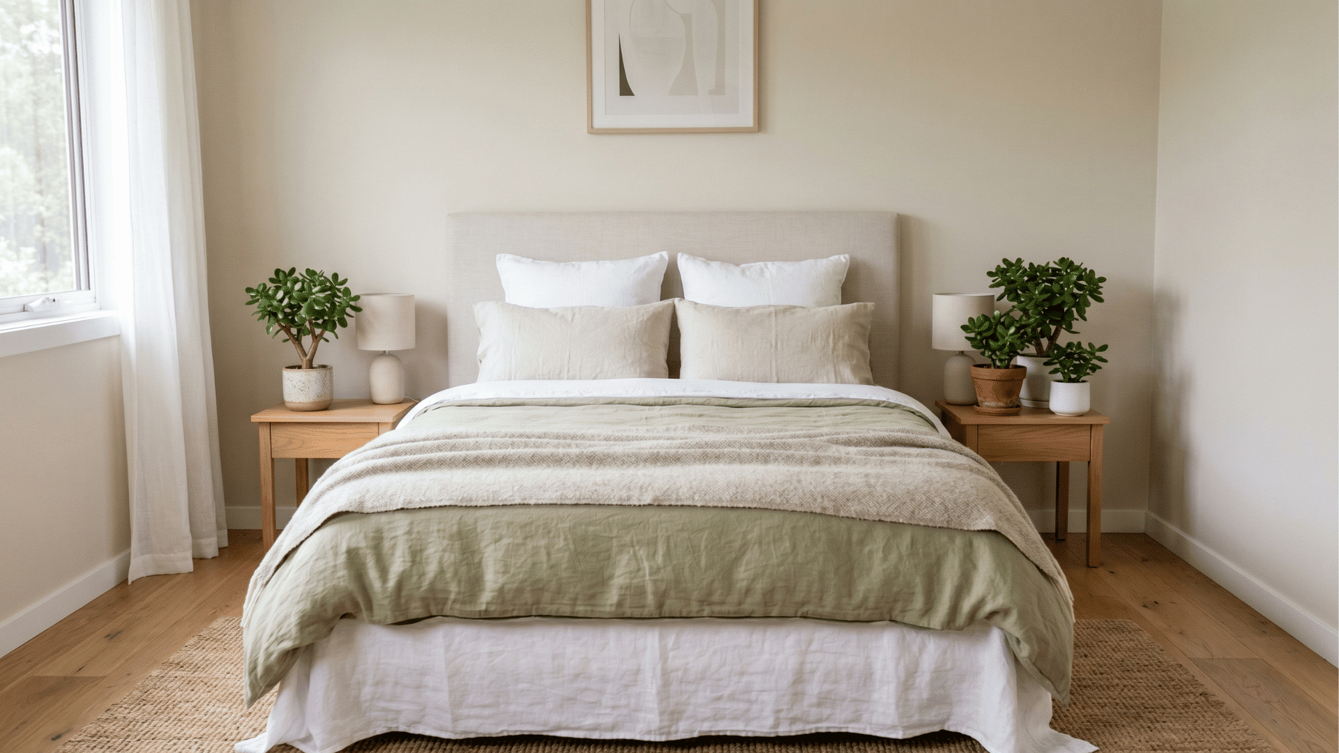 bedroom with bed and two to three jade plants on bedside tables in soft diffused light