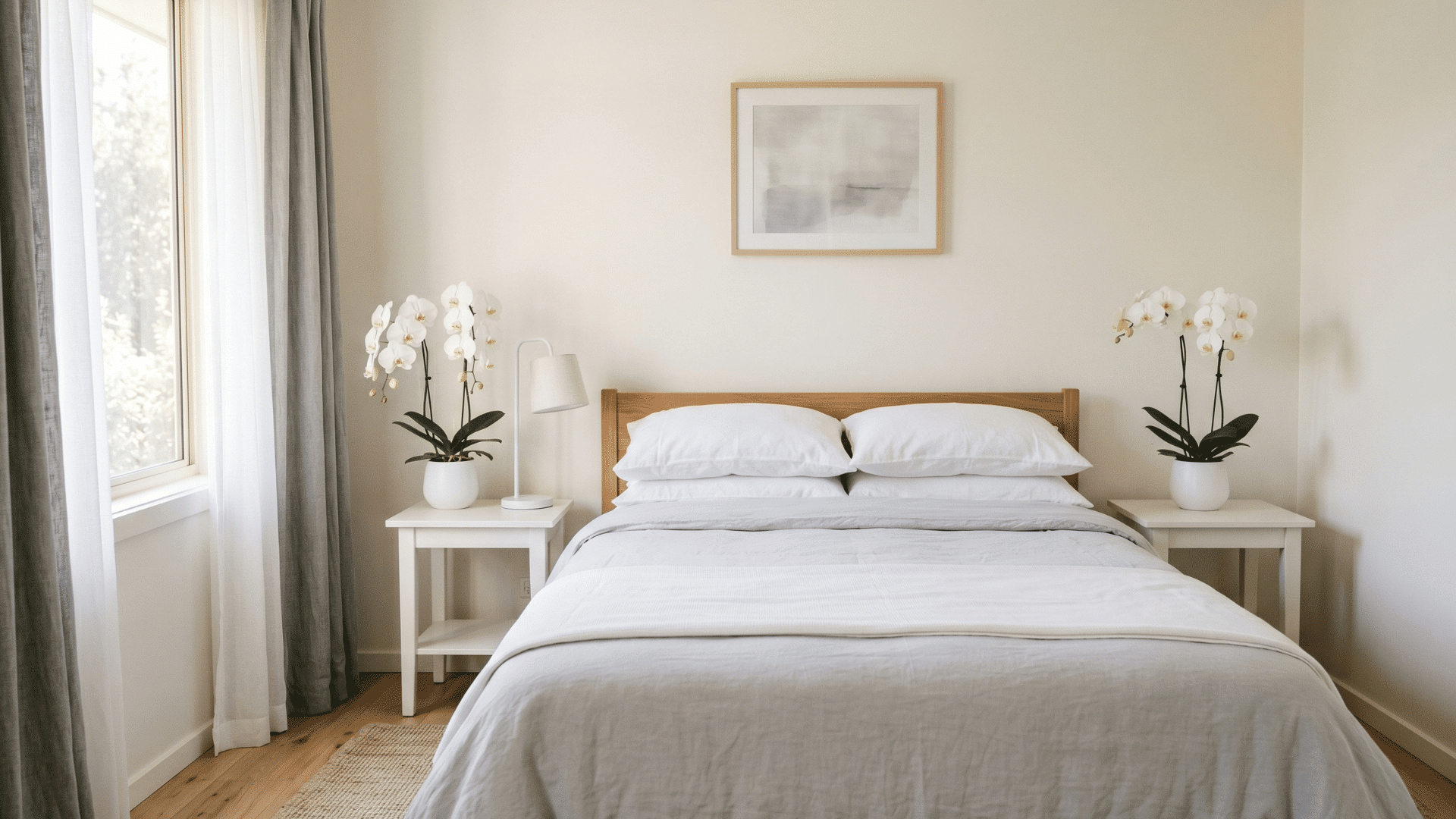 bedroom with bed and two to three orchid plants on bedside tables with white blooms